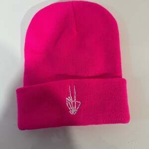 Skeleton Peace Sign Hands Halloween Knit Beanie